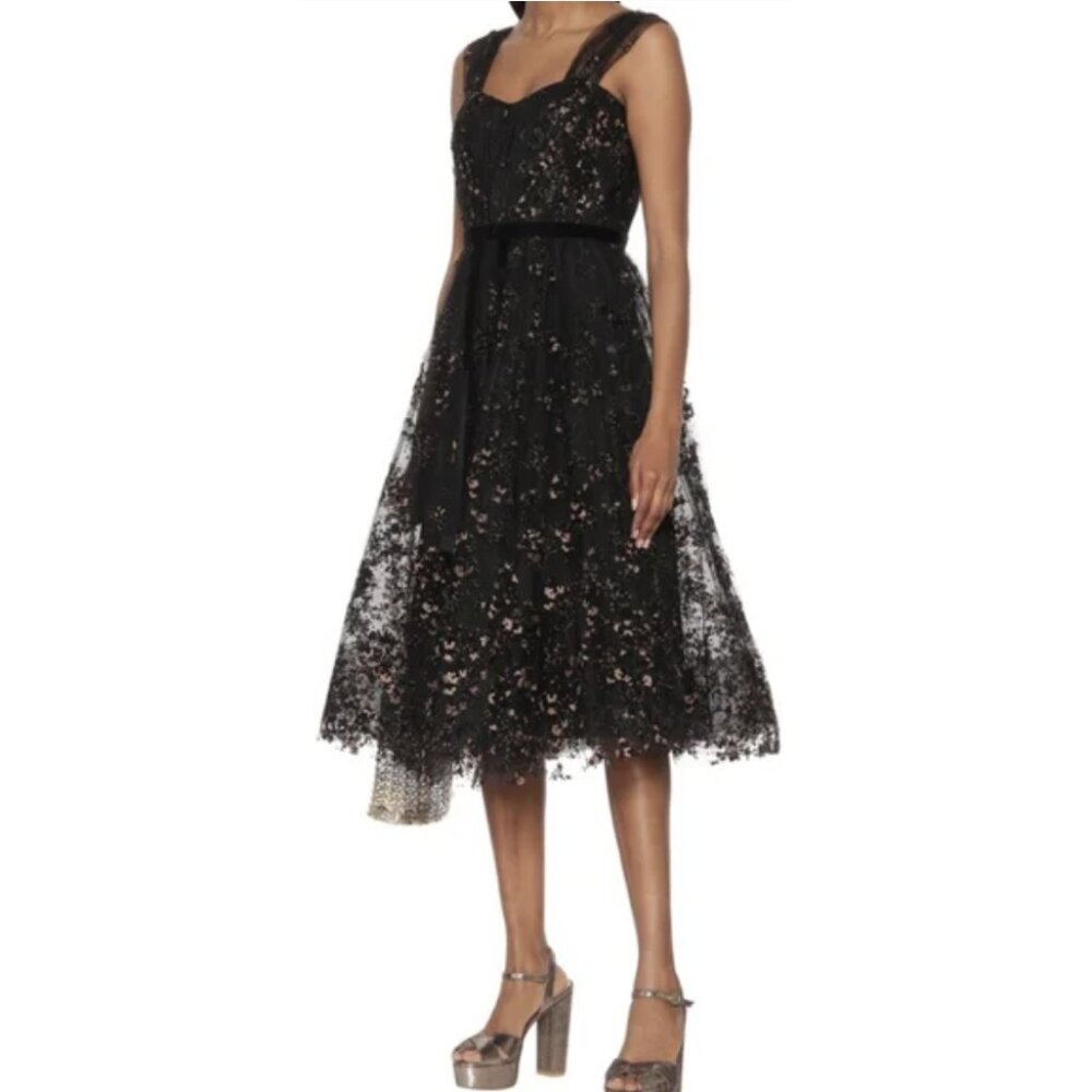 MARCHESA NOTTE Flocked Glitter Tulle Tea Length Dress Black Gold - Size 4 - Picture 1 of 15
